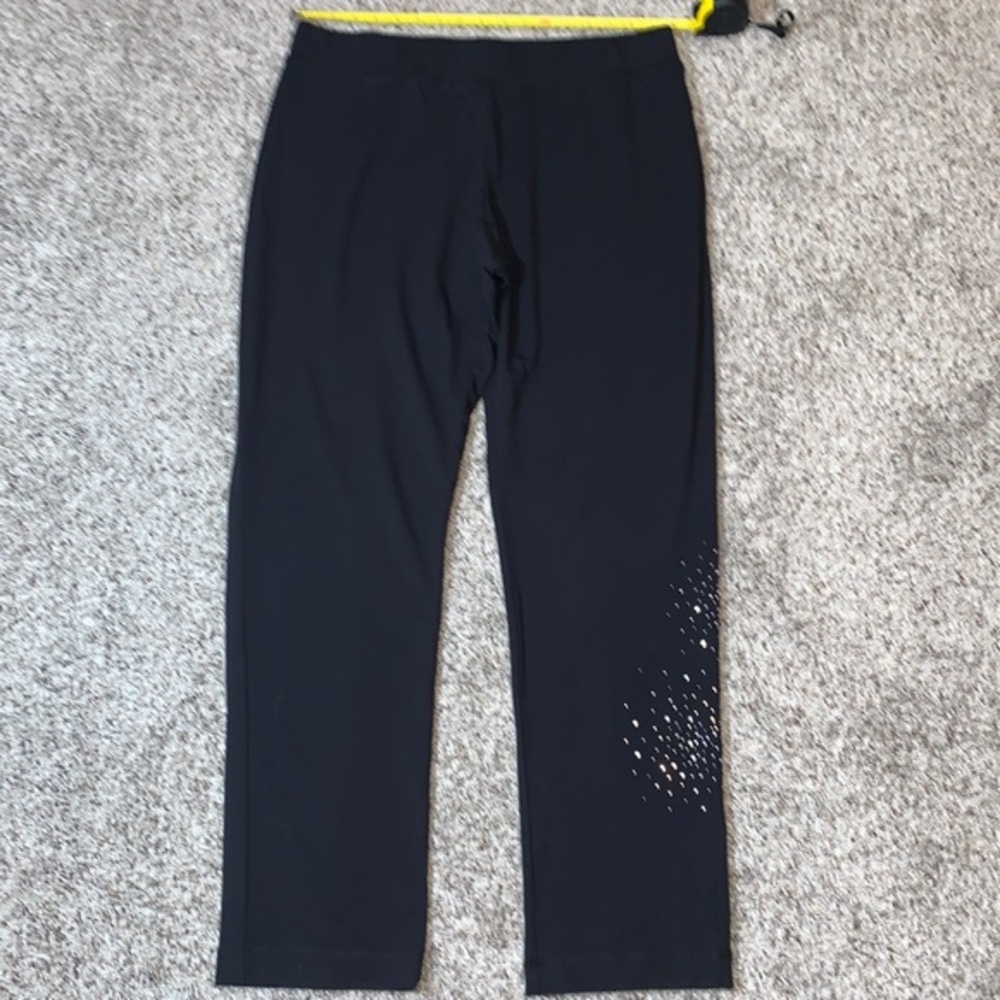 NWOT Crytalli black knit pull on pants with rhinestone detailing on left leg XL